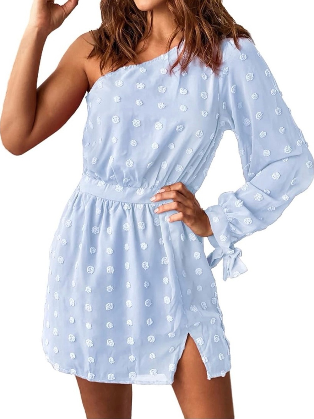 BTFMB One-Shoulder Light Blue Swiss Dot Mini Dress with Tie Sleeve Size M NWT